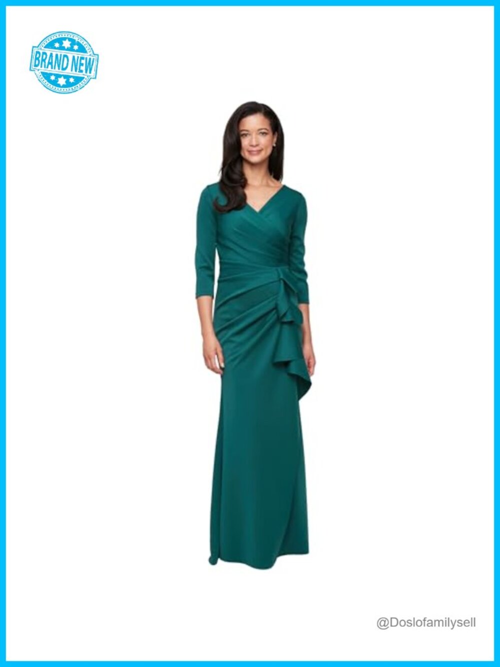 Scuba Crepe Surplice Neckline 3/4 Sleeve Floor Length Formal Gown